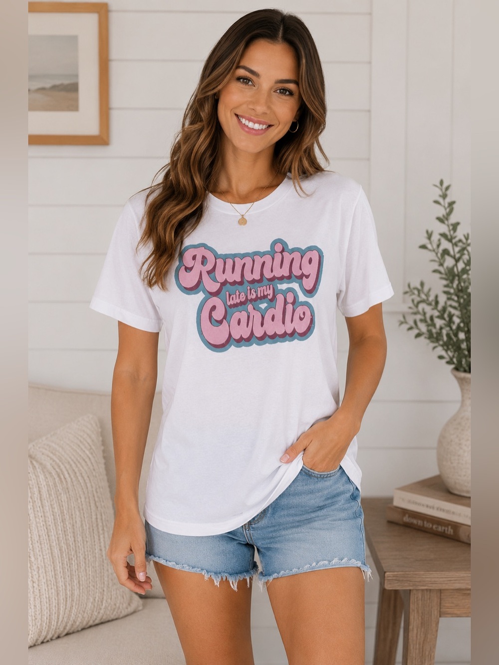 White Graphic Tee - "Running Late is My Cardio" - Size Large